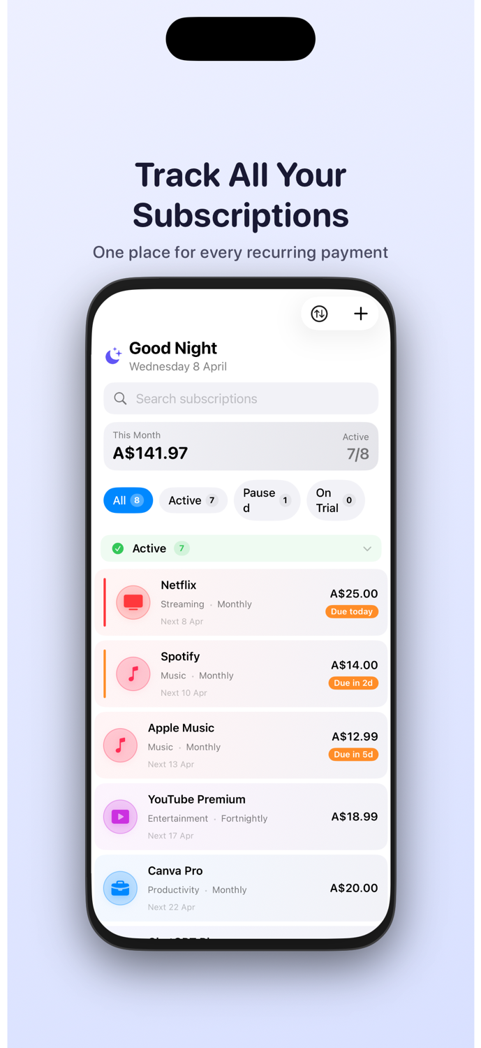 TrackSubs screenshot showing subscription list