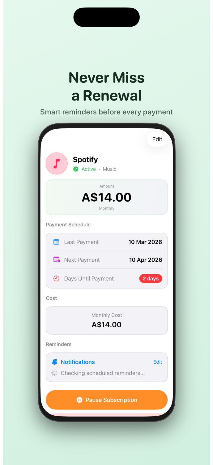 TrackSubs screenshot showing renewal reminders