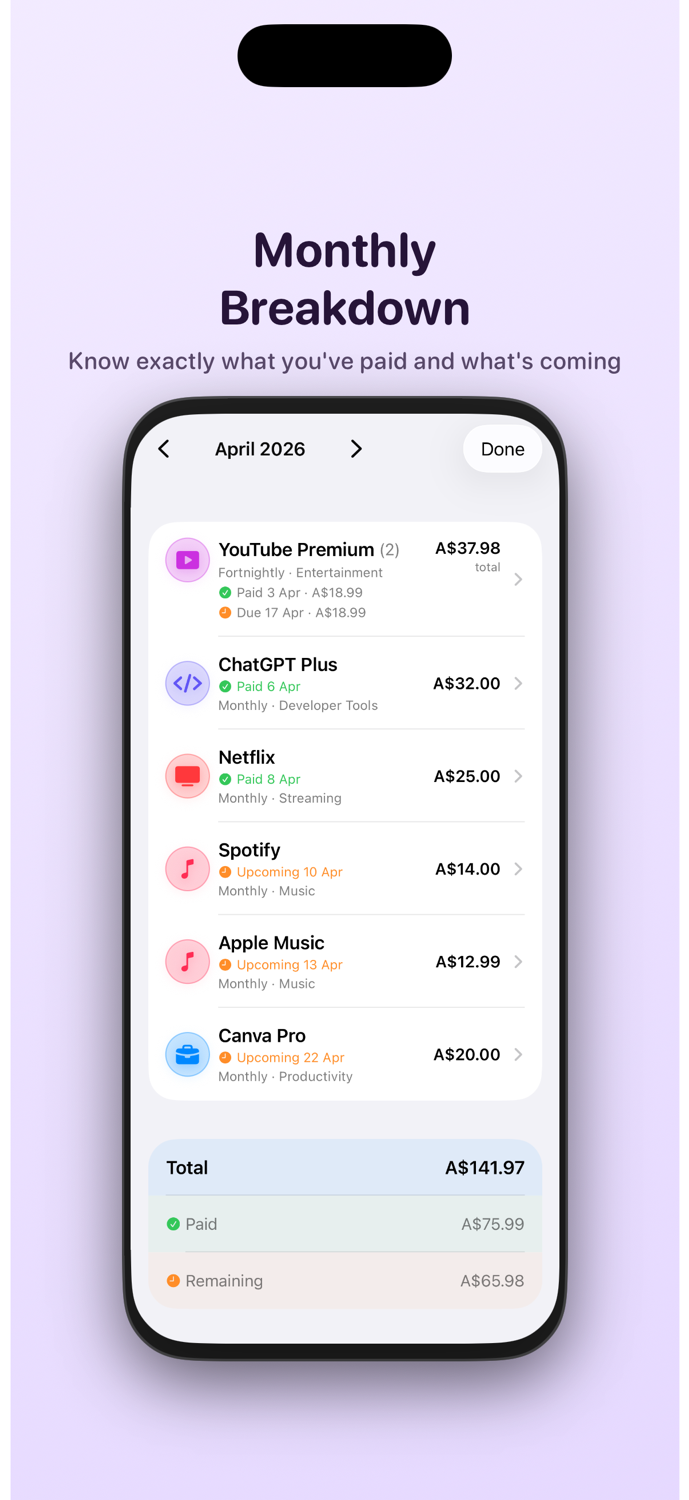 TrackSubs monthly breakdown screen