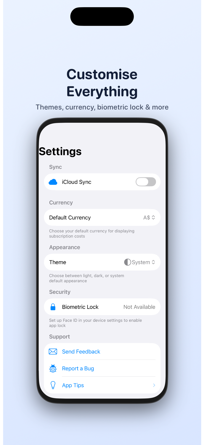 TrackSubs customization screen