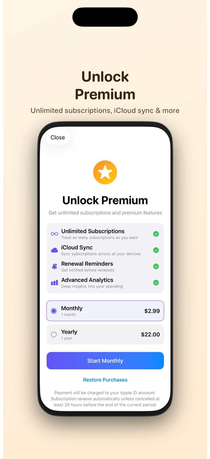 TrackSubs premium upgrade screen